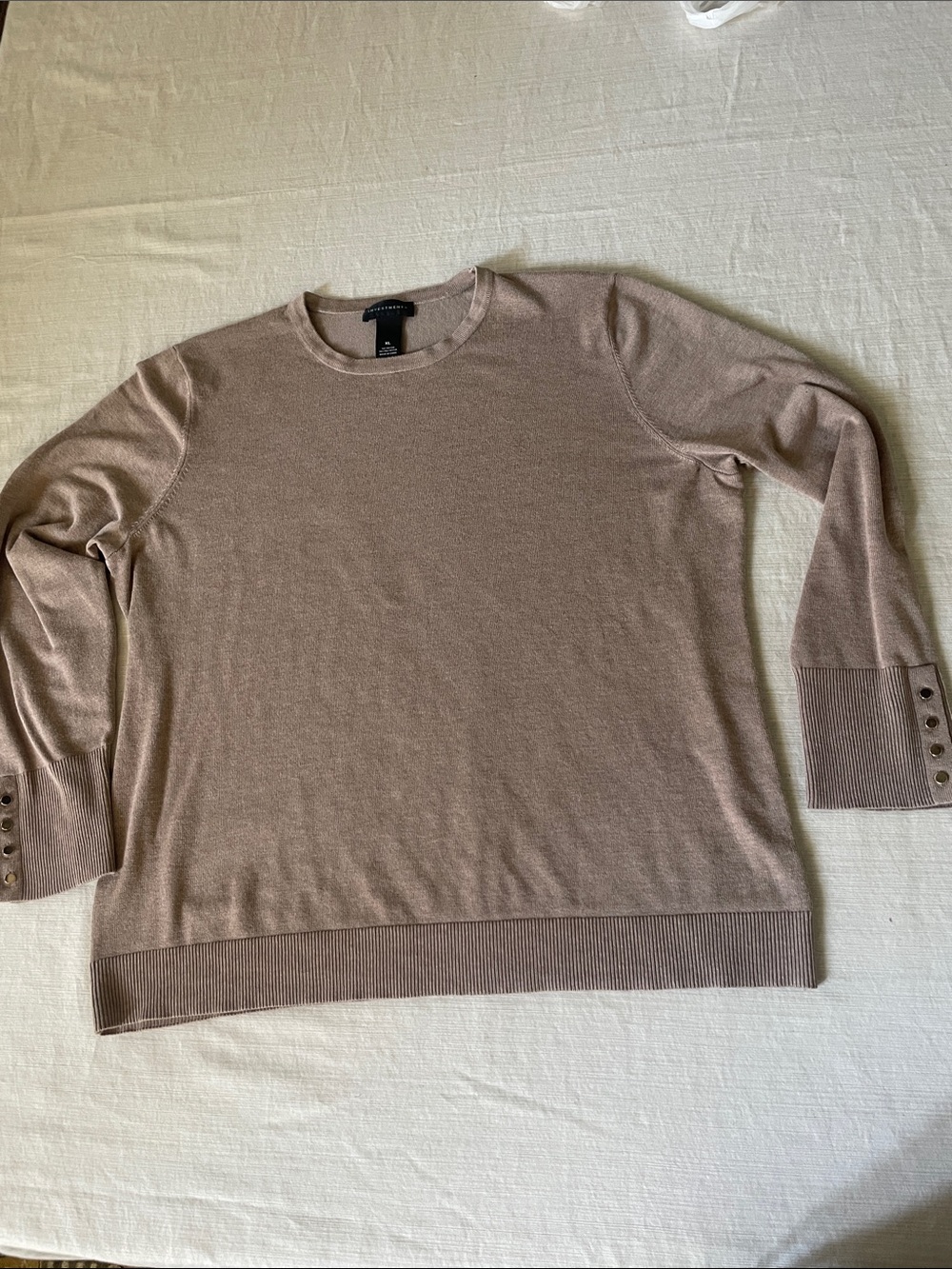 Investments Crewneck Women’s Sweater in Taupe with Button Cuff Details